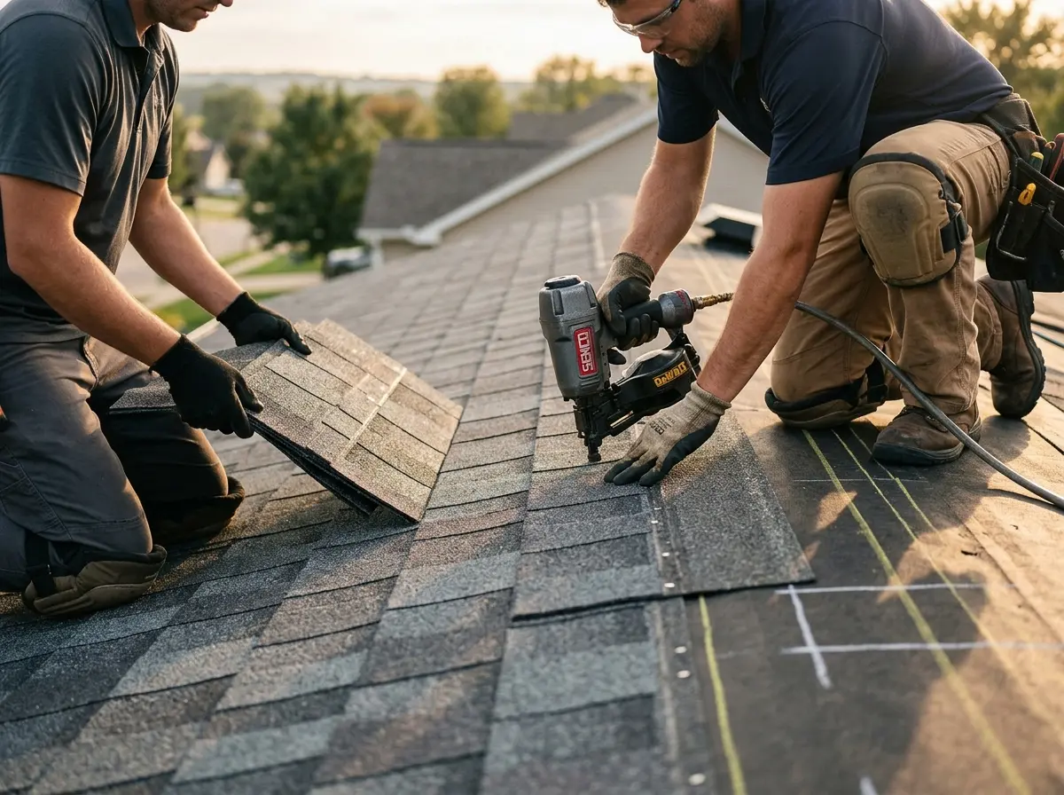 Professional roofer working on a residential roof in Hercules